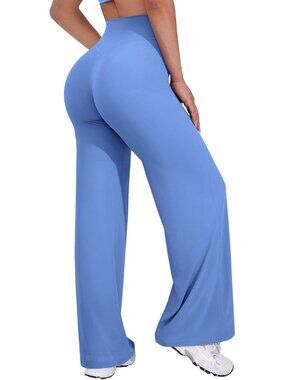 Women's Blue High Waist Stretch Casual Straight Bottoms Wide Leggings
